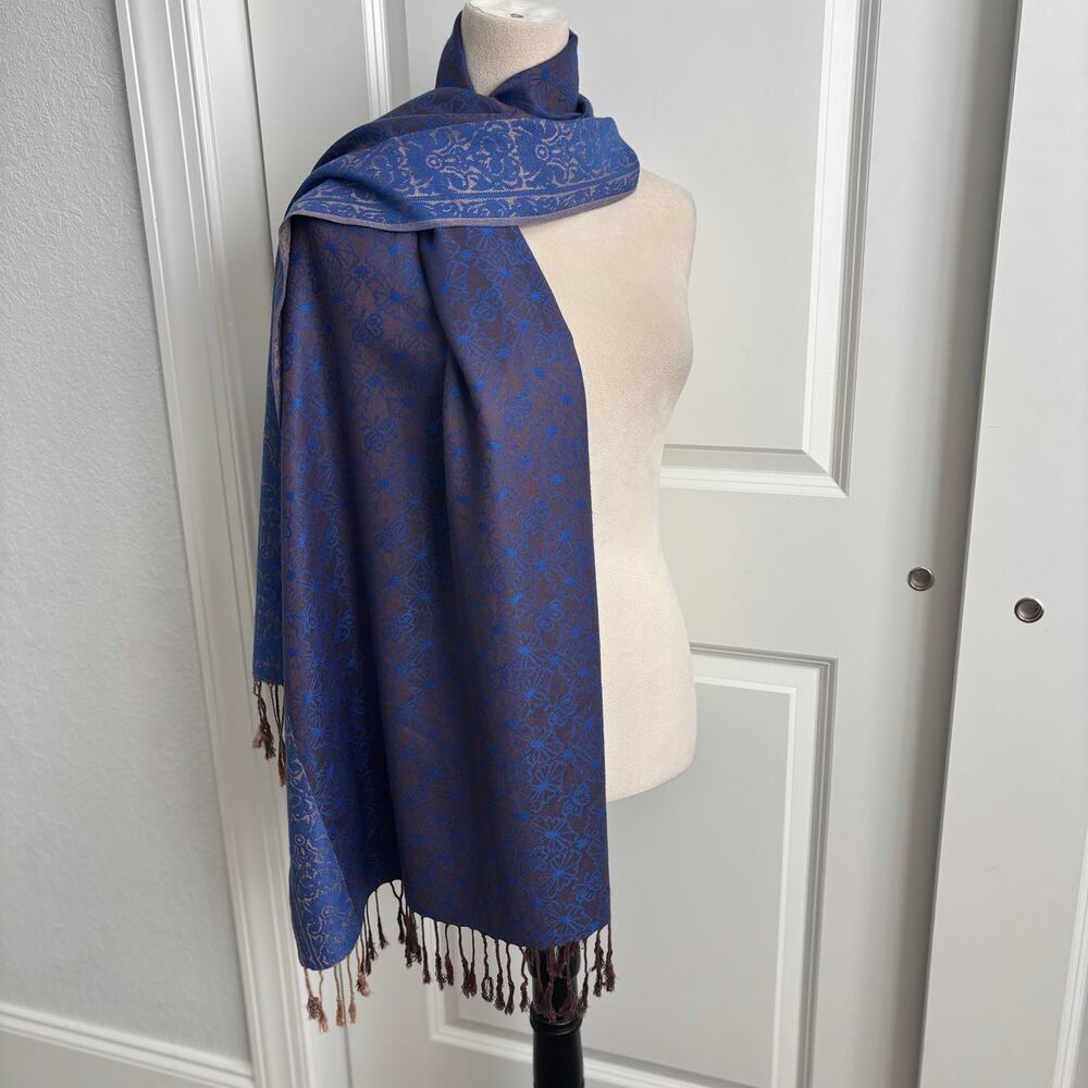 Blue 100% Pashmina Scarf Wrap OS Fringed Boho Festival Purple Ornate